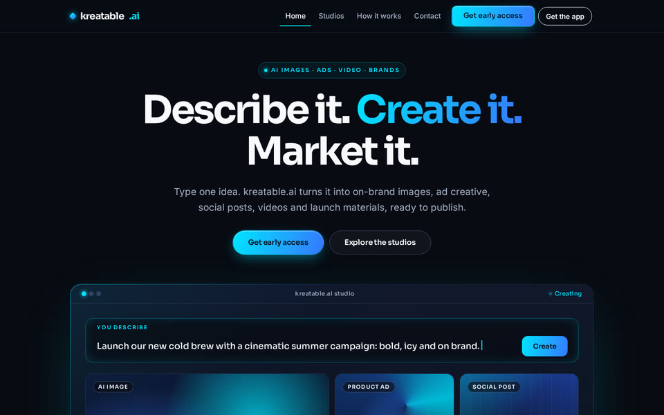 kreatable.ai home page