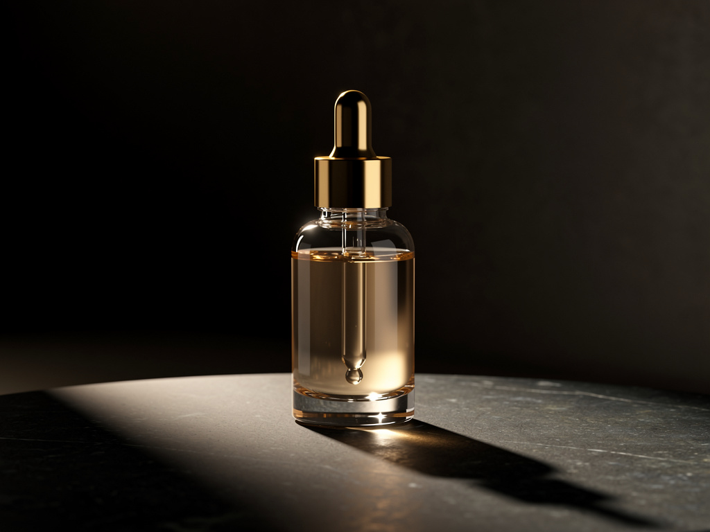 A single glass serum bottle on stone with soft warm light and shadow