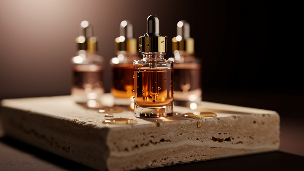 Glass serum bottles with golden droppers on travertine stone in soft, warm spa light