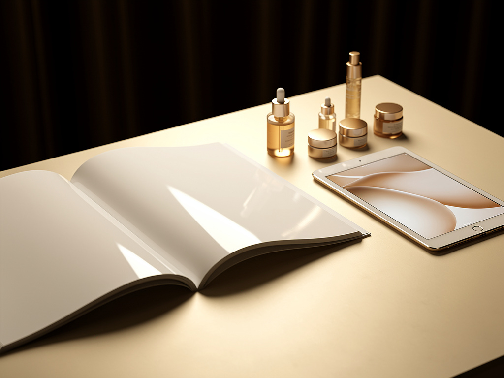 Open beauty magazine beside a tablet and skincare samples on a cream desk