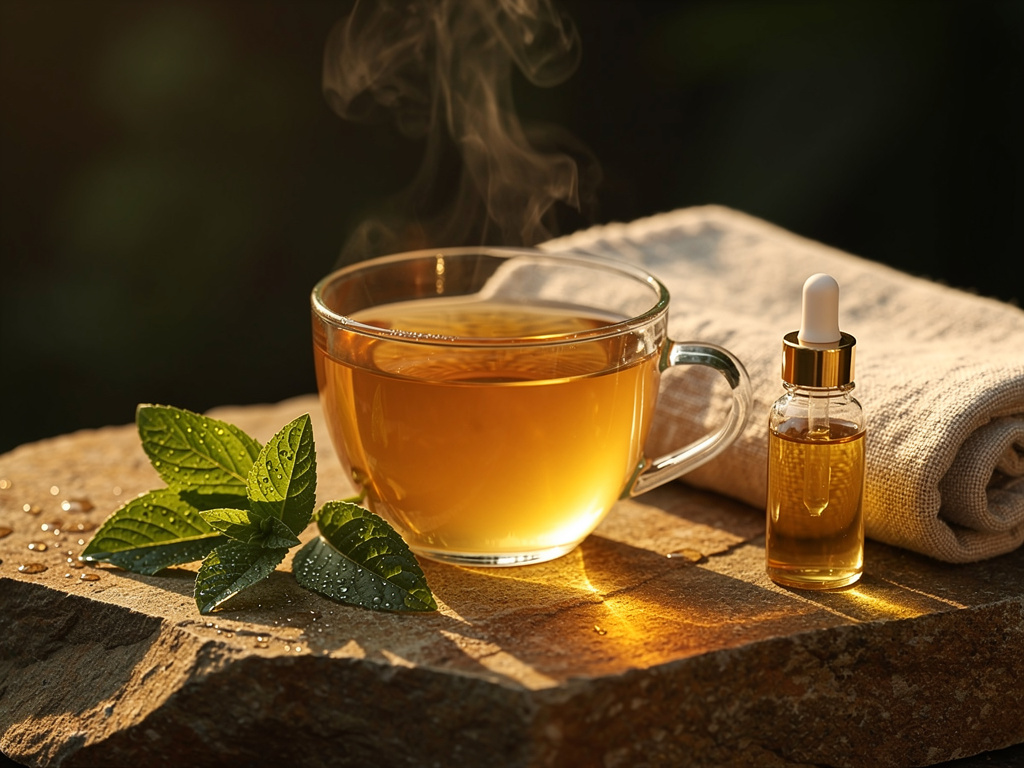 Morning wellness ritual with herbal tea, fresh greens and a linen towel in sunlight