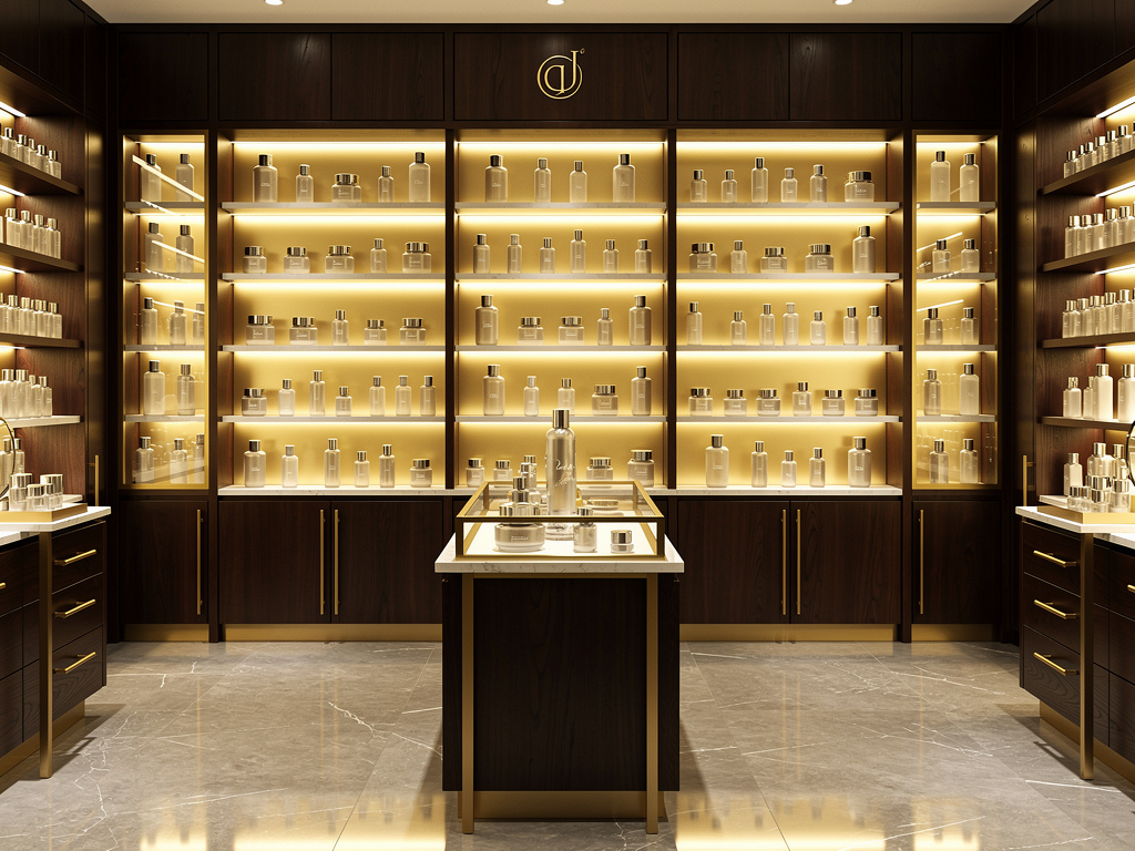 Elegant beauty boutique shelves lined with glass skincare bottles
