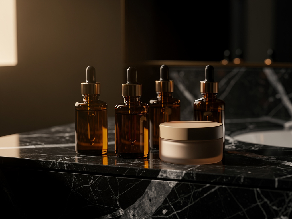 Amber glass serum bottles and a cream jar arranged on a marble vanity