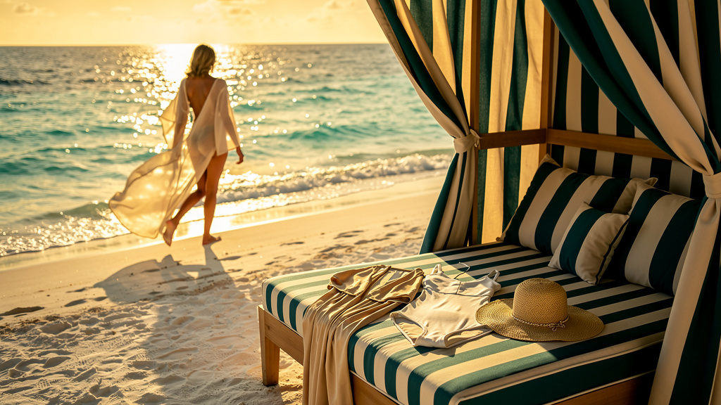 Sun-drenched luxury beach resort with turquoise water, a striped cabana and designer swimwear in golden evening light