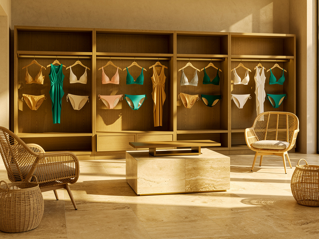 Elegant flagship swimwear boutique with neatly displayed bikinis and resort wear in warm light