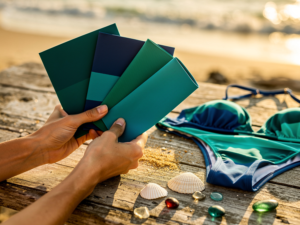 Hands holding recycled swim fabric swatches in ocean blues beside sea shells on a wooden table