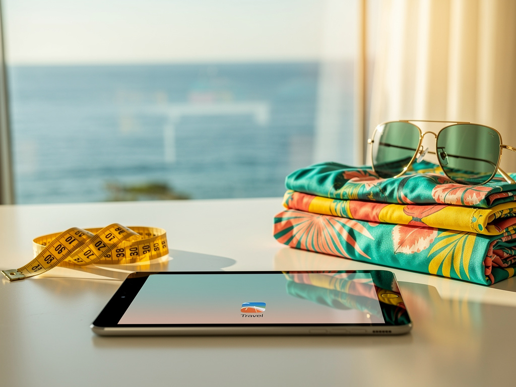 Tablet beside a tape measure, folded beachwear and sunglasses on a bright table with a sea view