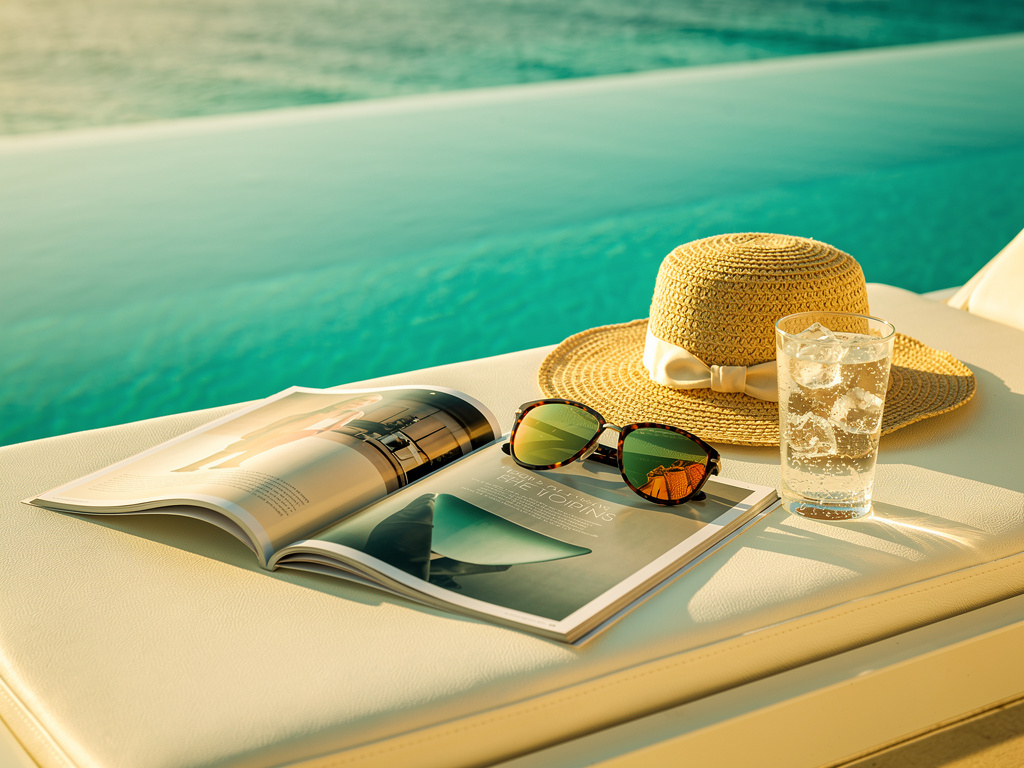 Glossy fashion magazine open on a sunlit resort lounger beside sunglasses and a straw hat