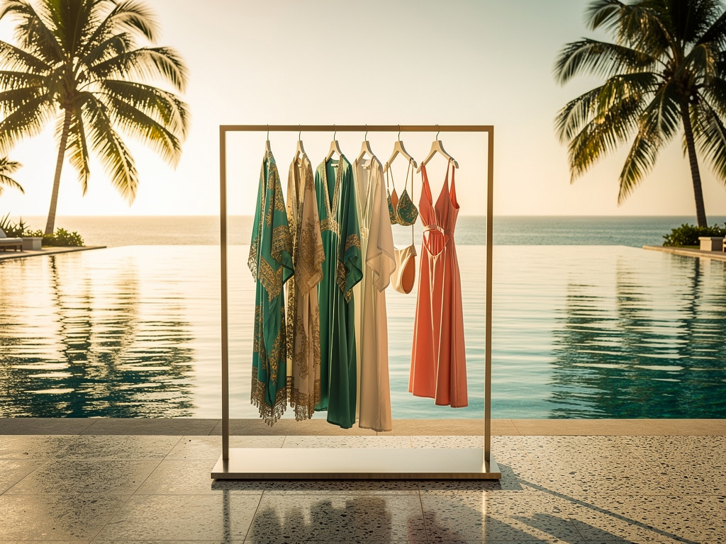 Luxury resort boutique by the pool with kaftans, cover-ups and swimwear on display
