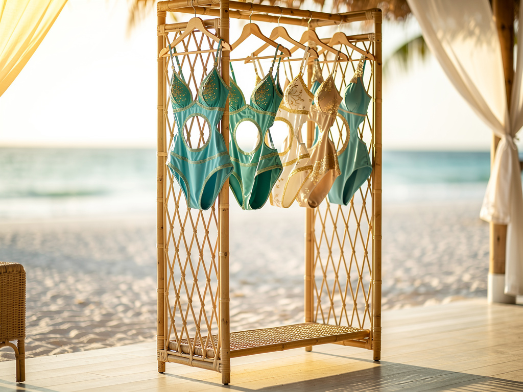 Designer bikinis hanging in a sunlit open-air beach boutique overlooking turquoise water
