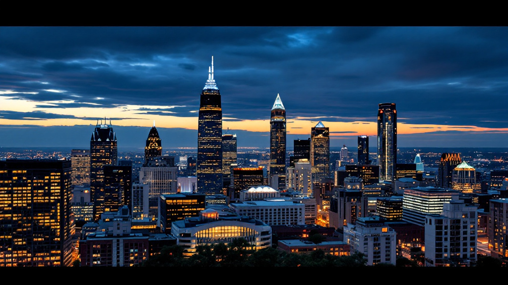Charlotte, North Carolina skyline glowing at dusk with lit hotel and office towers
