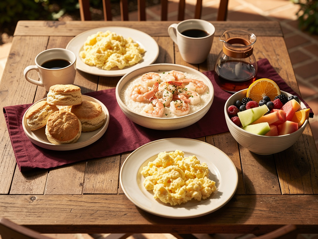 Brunch spread with biscuits, eggs and coffee on a sunny table