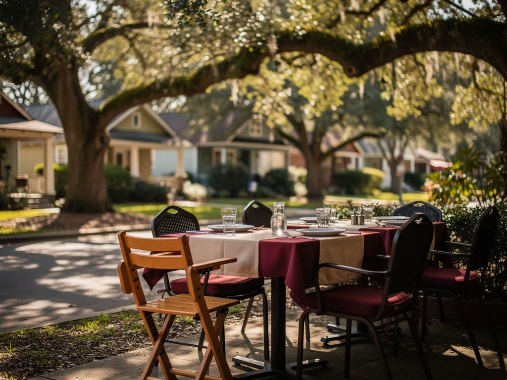 Shaded restaurant patio on a tree-lined street, set for a family meal