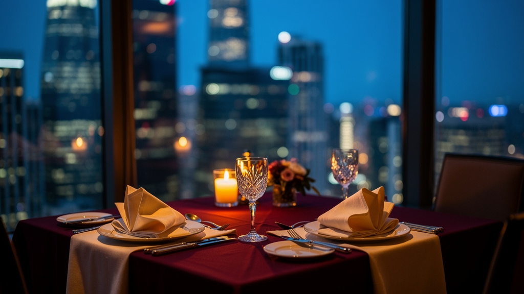 A candlelit restaurant table set for two with a view of the Charlotte skyline at dusk