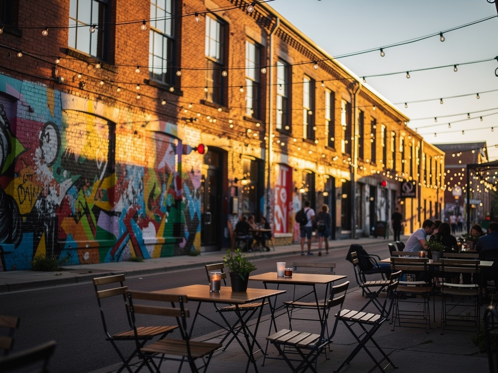 Colorful mural-covered brick buildings with outdoor tables in an arts district