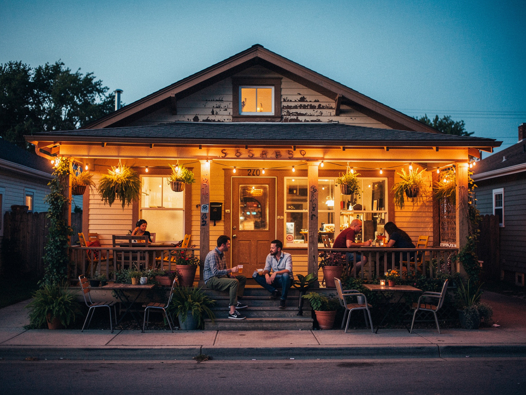 Eclectic neighborhood eatery with string lights and a cozy front porch