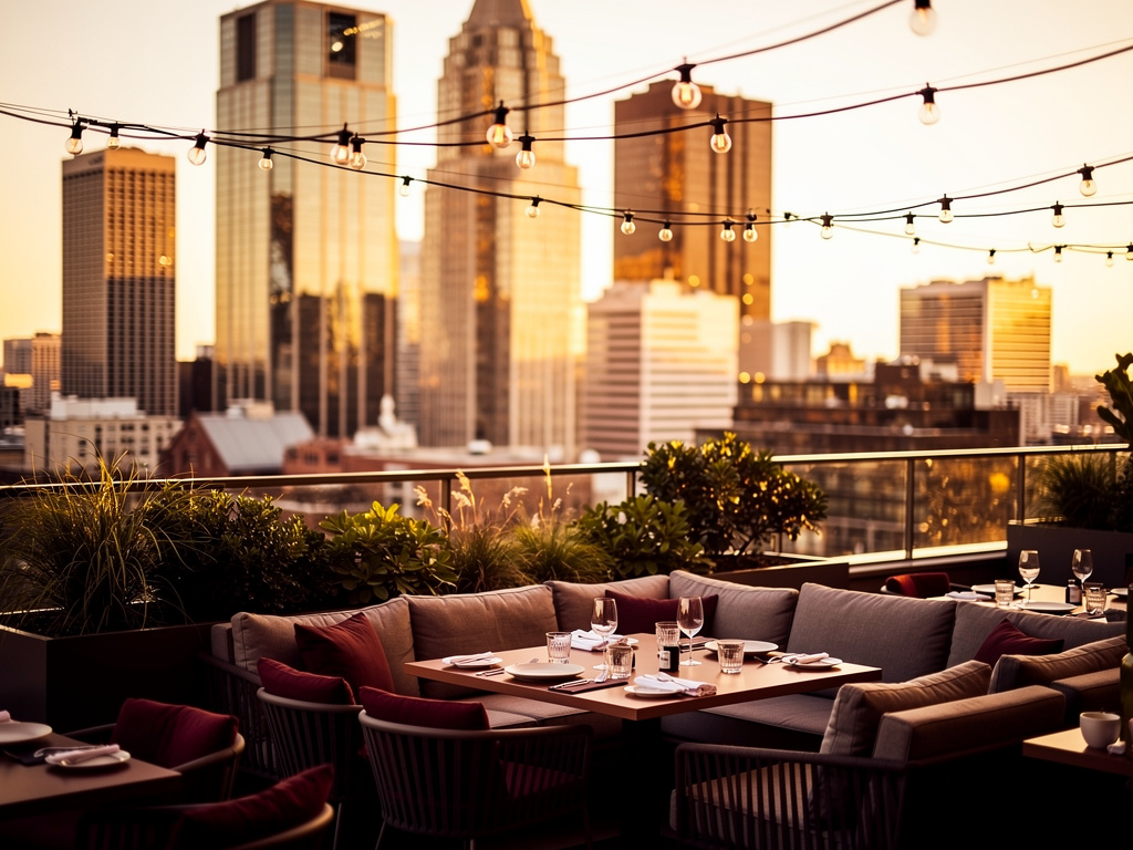Rooftop dining terrace overlooking city towers at sunset
