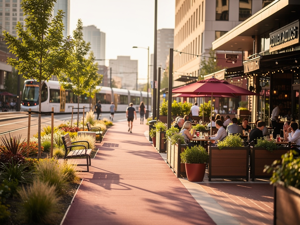 Walkable South End street with patios beside the light rail trail