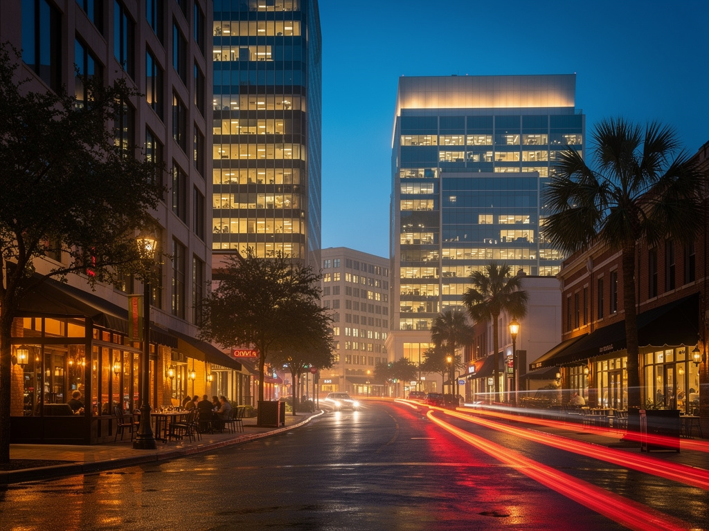 Uptown Charlotte towers glowing at dusk above a busy street