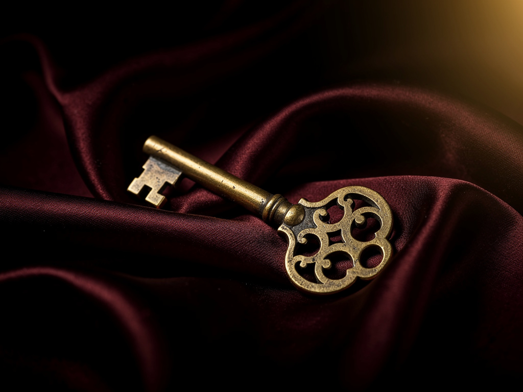 Brass key resting on folded dark silk in warm light