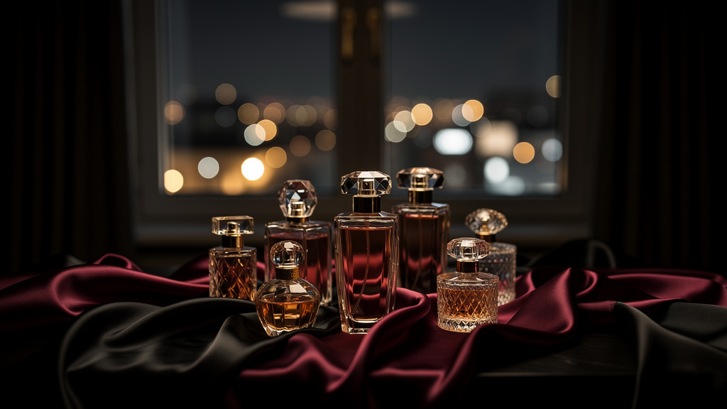 Crystal perfume bottles on draped dark silk, city lights glowing through a window at night