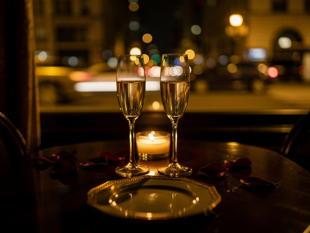 Two glasses of champagne on a candlelit table with city lights behind