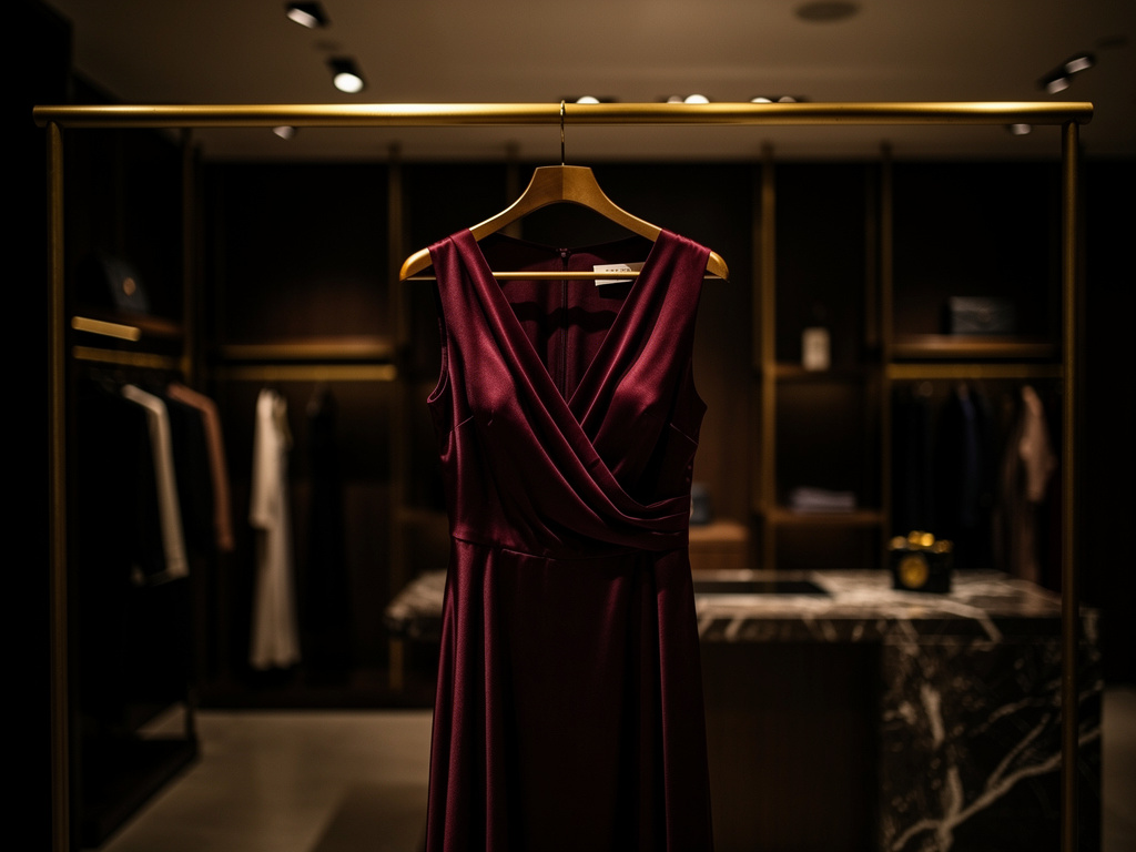 Silk evening gown on a rail in a dimly lit boutique