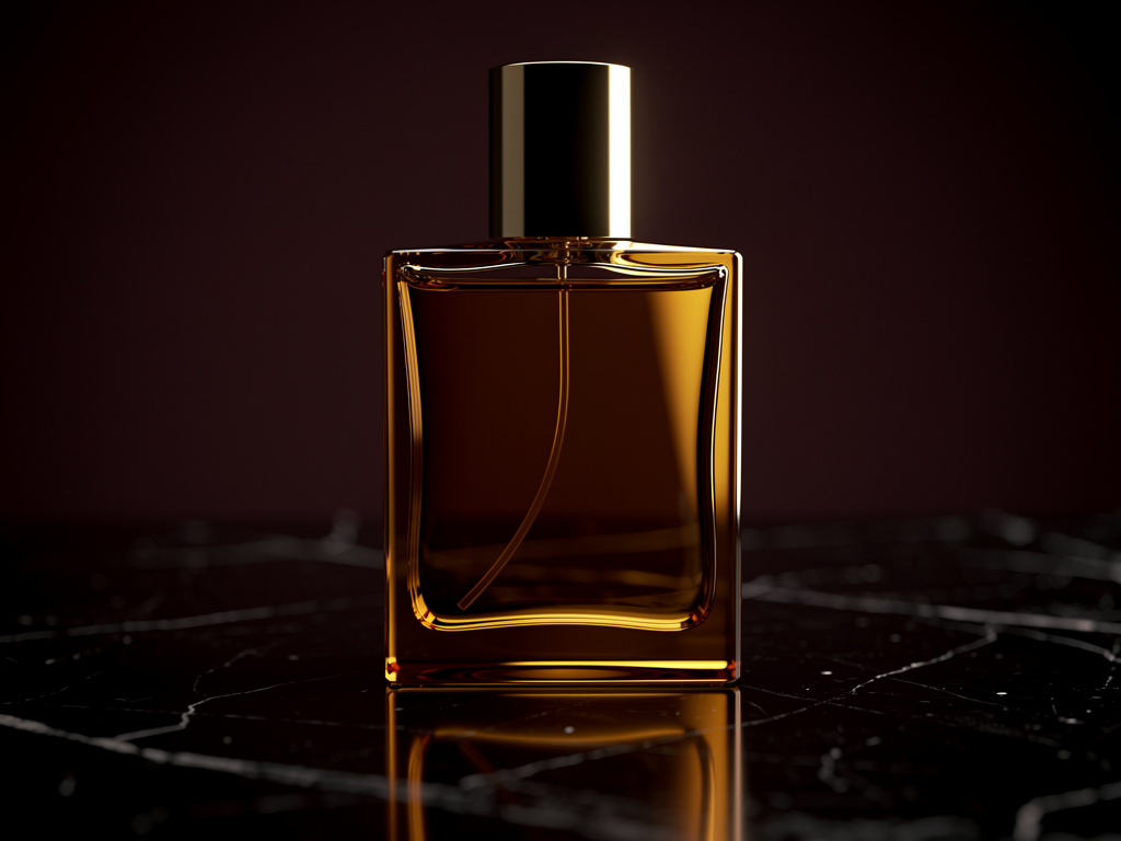 Amber perfume bottle on black marble with soft golden light