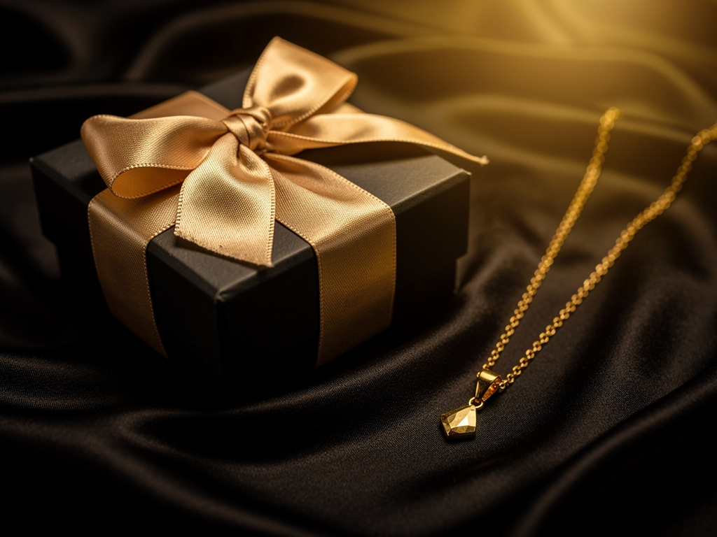 Luxury gift box with satin ribbon beside jewelry on silk