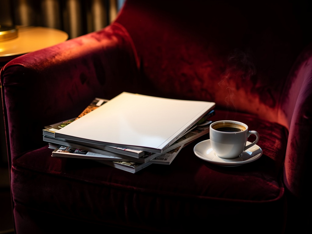 Elegant glossy magazines and a coffee cup on a velvet chair