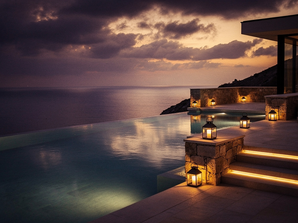 Infinity pool overlooking the sea at dusk with lanterns