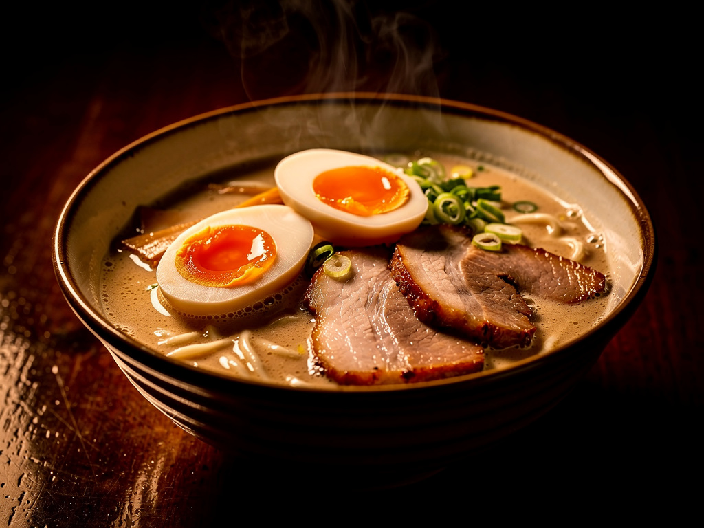 Single bowl of rich tonkotsu ramen with soft egg, served on a dark wooden counter