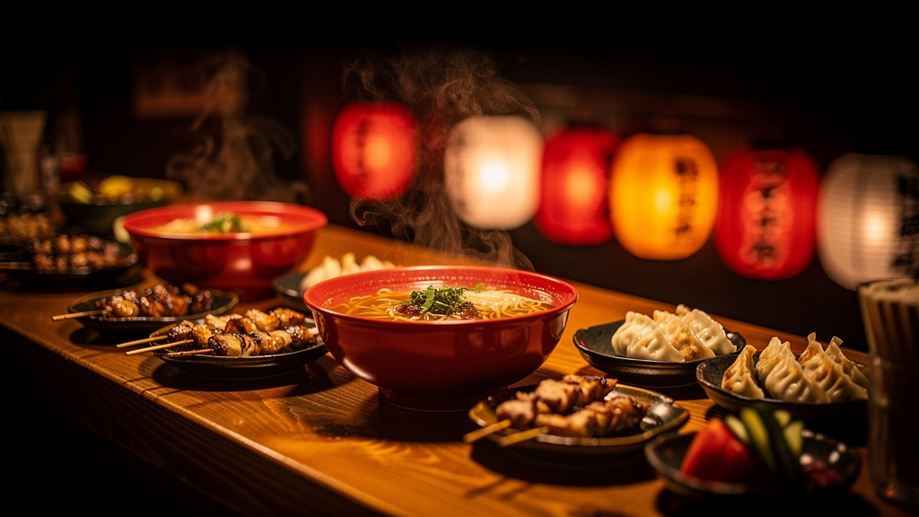 Steaming ramen bowls on a warm wooden izakaya counter under glowing paper lanterns
