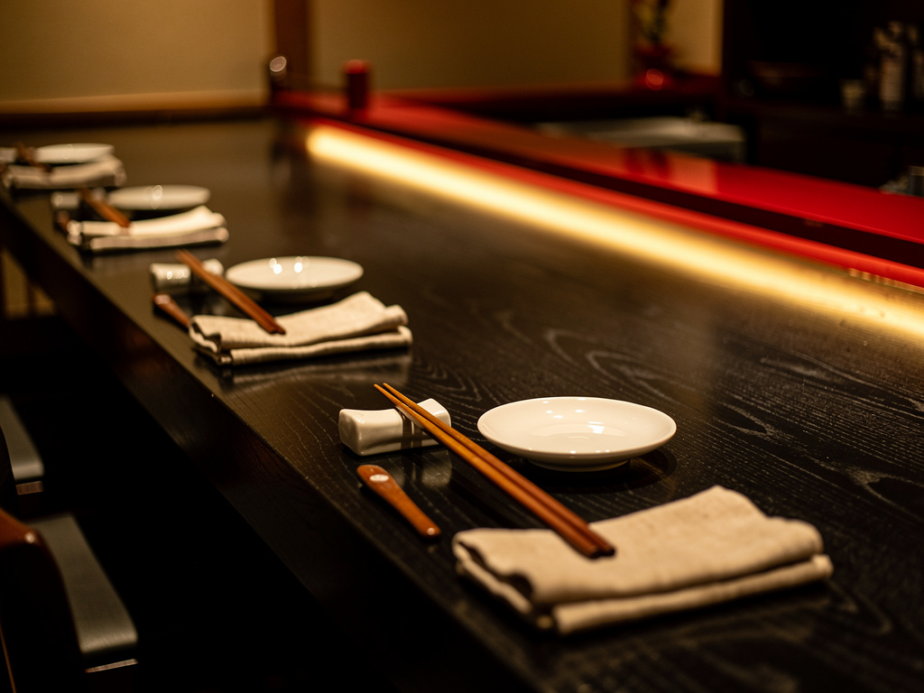 Reserved seats at a calm Japanese restaurant counter set with chopsticks and small plates