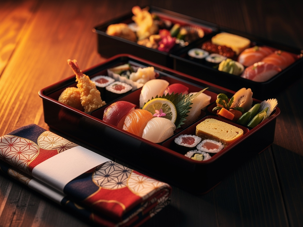Neatly packed bento boxes and sushi takeout containers ready for delivery