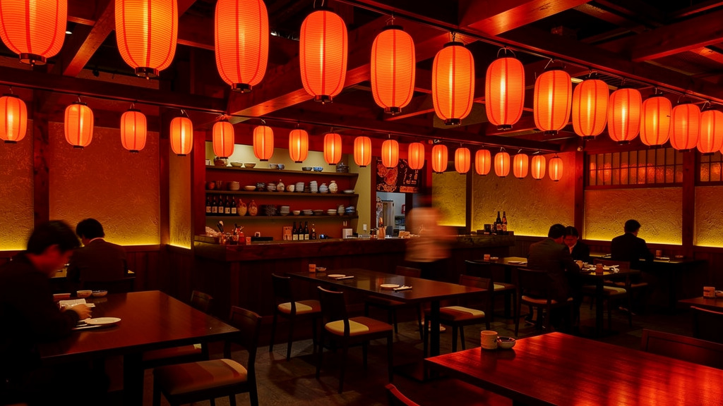 Lively izakaya dining room with red paper lanterns and dark wood interior