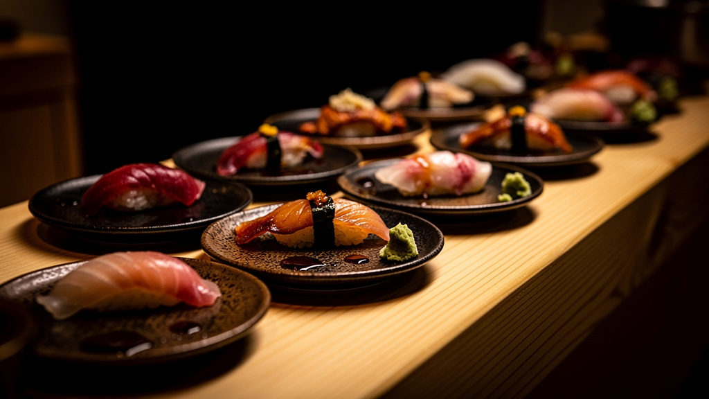 Elegant omakase sushi course laid out on a hinoki wood counter