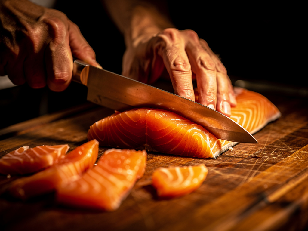 Chef's hands slicing fresh fish with a Japanese knife on a wooden board