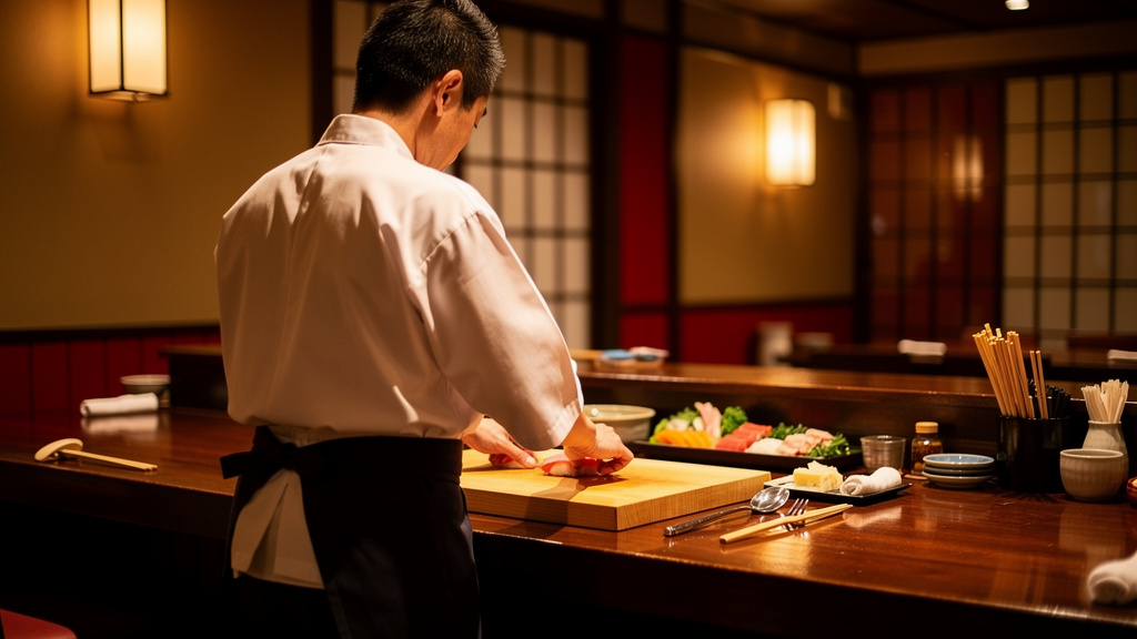 Chef working behind a wooden counter in a softly lit Japanese restaurant