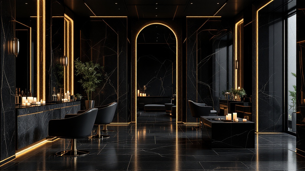 A luxurious salon and spa interior glowing with warm golden light