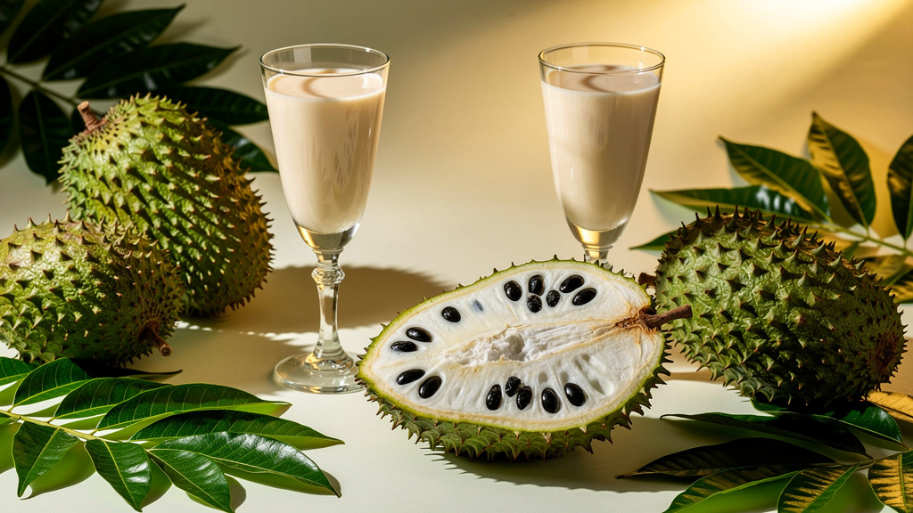 Fresh soursop fruit cut open showing its white flesh, surrounded by glossy green leaves and glasses of soursop juice in bright natural light
