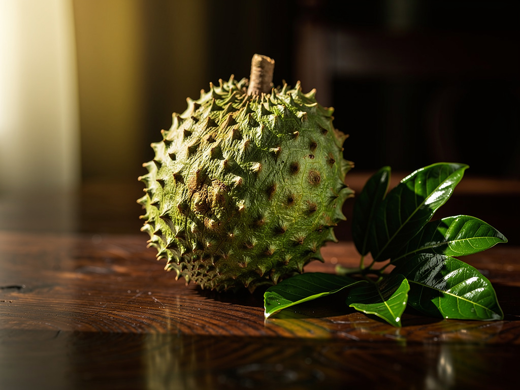 A single ripe soursop with spiky green skin resting on a dark wooden table beside its leaves