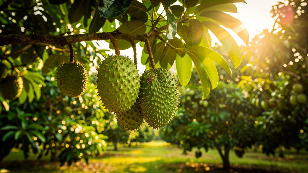 Soursop fruits growing on a tree in a lush tropical orchard