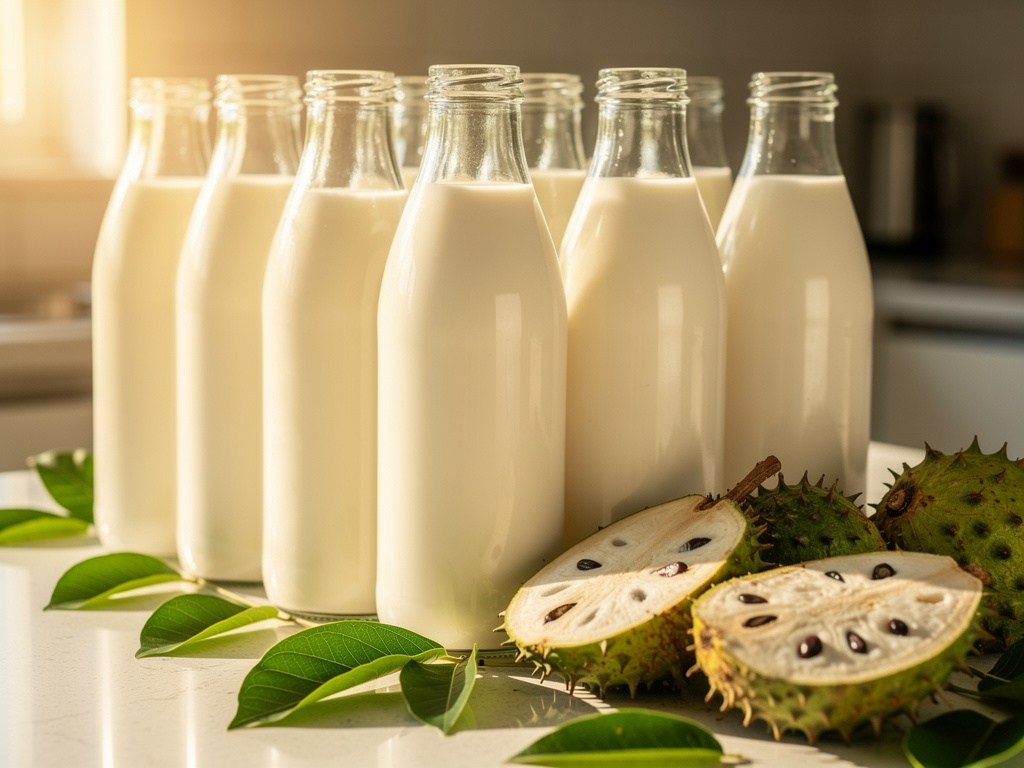 Bottles of creamy white soursop juice lined up on a sunny counter with cut fruit