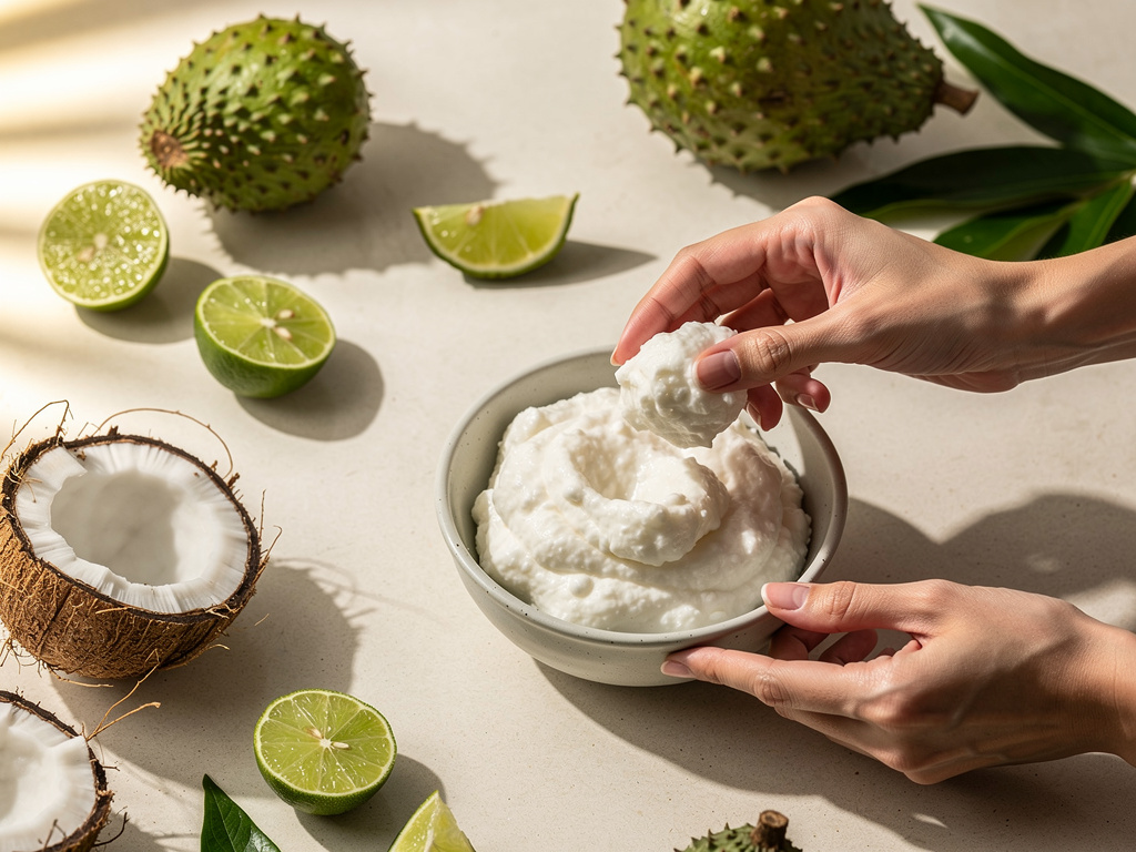Hands scooping soursop pulp into a bowl in a bright kitchen with tropical ingredients