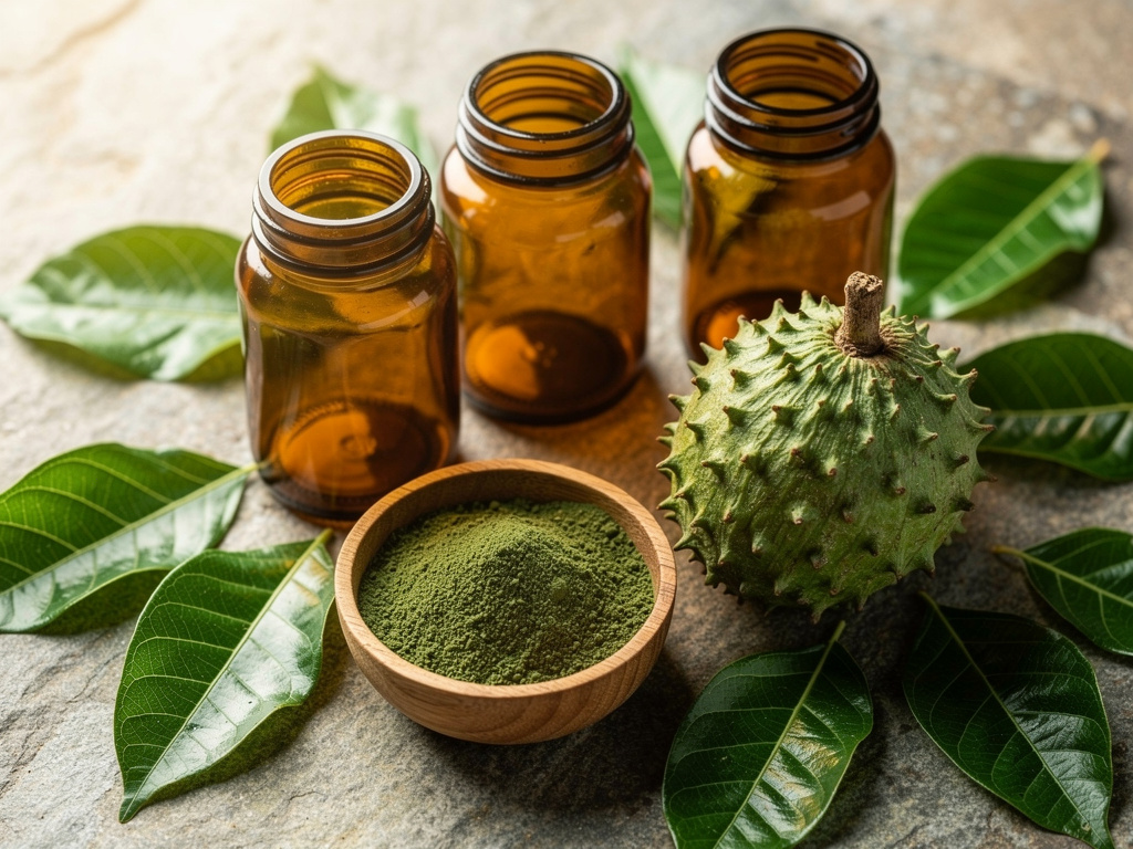 Amber supplement jars and capsules arranged beside fresh soursop leaves