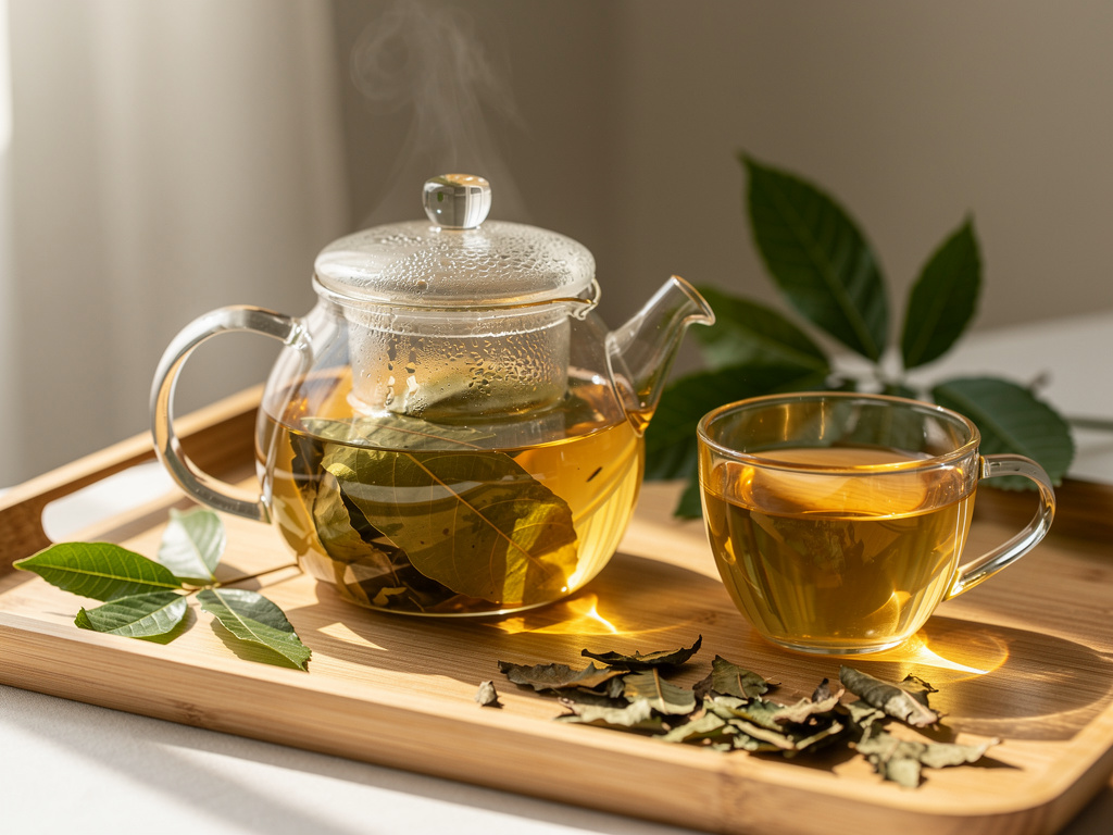 A glass teapot of soursop leaf tea with a cup and dried leaves in soft morning light