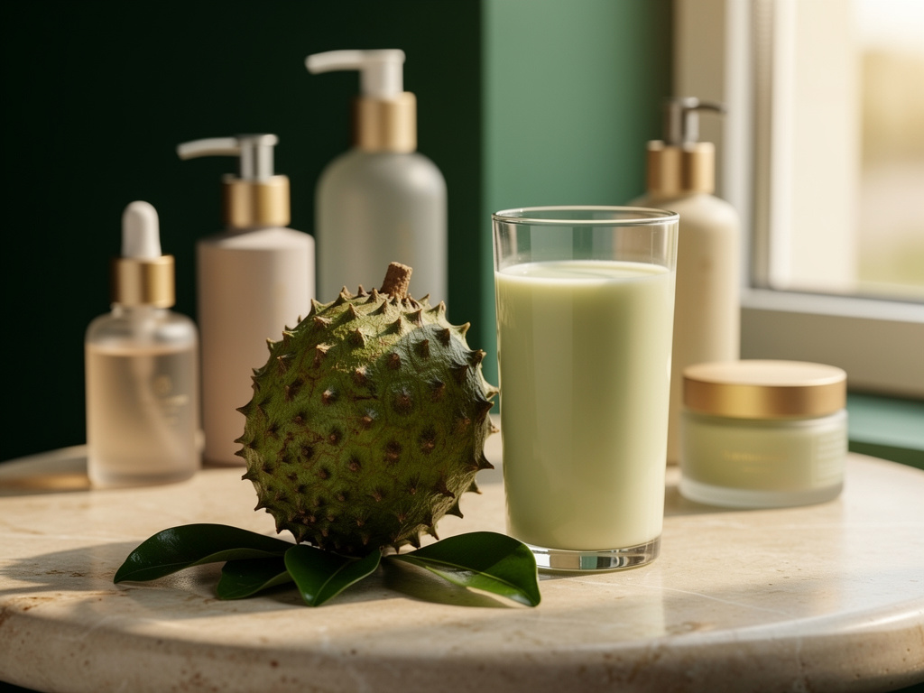A calm wellness spa setting with soursop fruit, leaves and a glass of juice on stone
