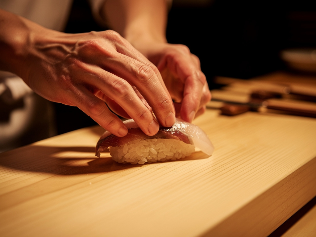 A sushi chef's hands pressing rice for nigiri at a light wooden counter
