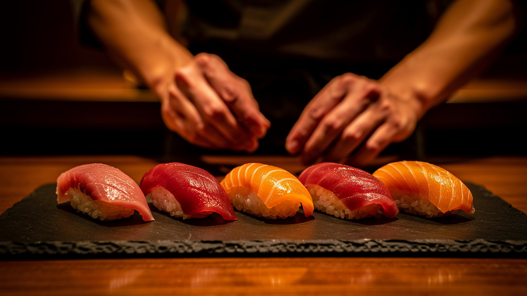A row of hand-shaped nigiri on dark slate under warm light, with a sushi chef's hands at work in the background